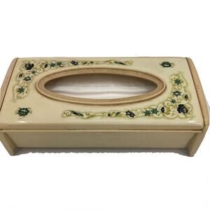 Vintage Mid Century Modern Tissue Box Cover Vanity Holder Floral Painted Cream